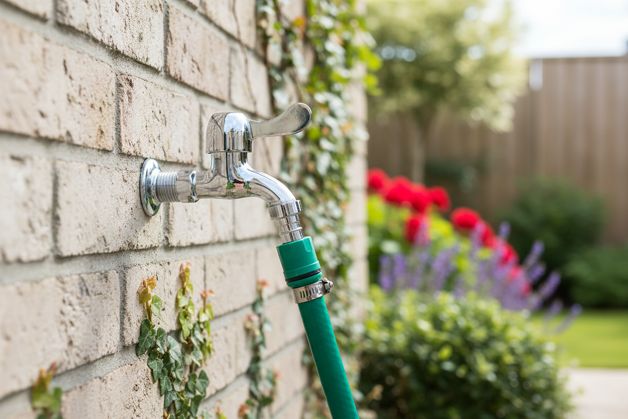Chrome Brass Bib Tap installed outdoors with garden hose - lifestyle shot