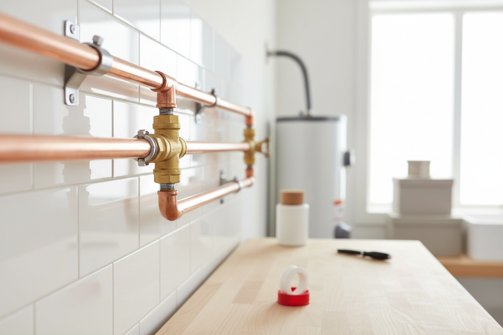 ¾" Brass Spring Check Valve installed on pipes with PTFE tape - lifestyle shot