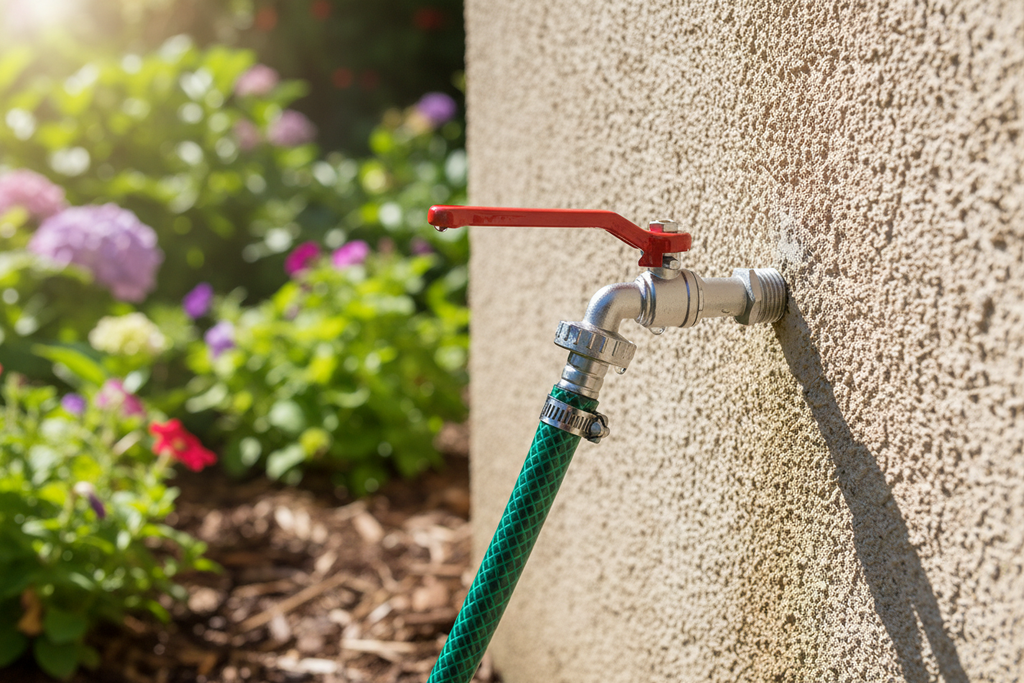 Chrome Brass Bibcock Tap installed outdoors with garden hose - lifestyle shot