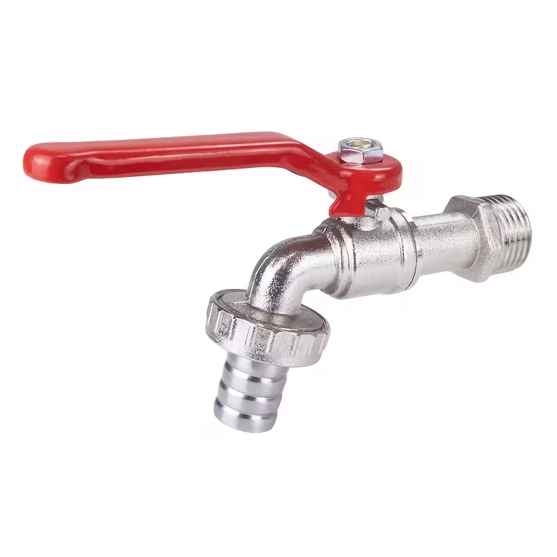 ¾" Chrome Brass Bibcock Tap — Red Lever Handle with Hose Barb Outlet