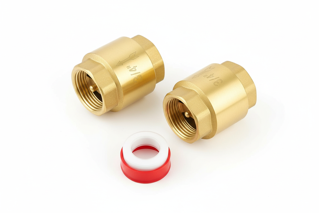 ¾" Brass Spring Check Valve pack of 2 with PTFE tape - flat lay