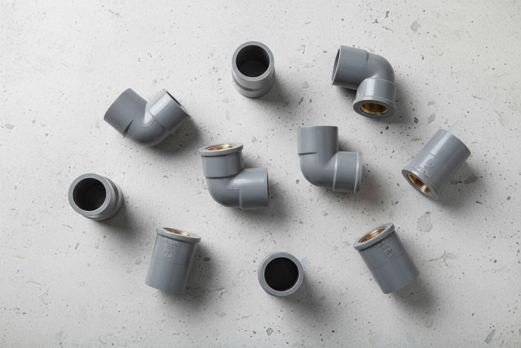 T-UK PVC Faucet Bend fittings flat lay group