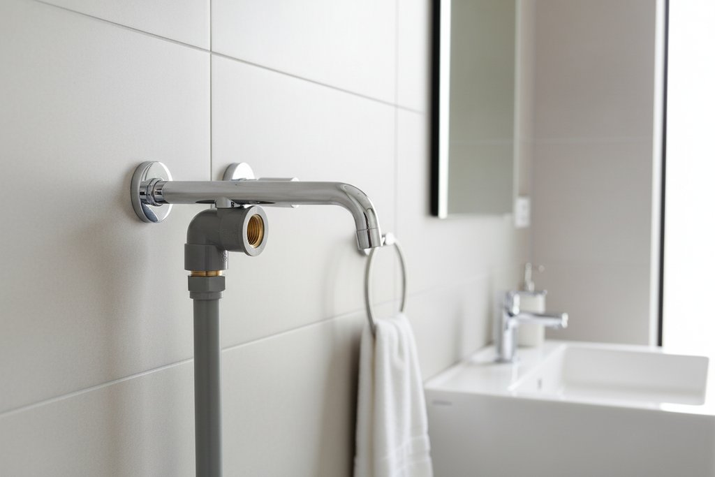 T-UK PVC Faucet Bend installed on wall faucet - lifestyle shot