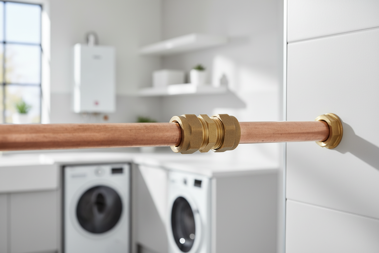 Brass Compression Straight Coupling installed joining copper pipes - lifestyle shot