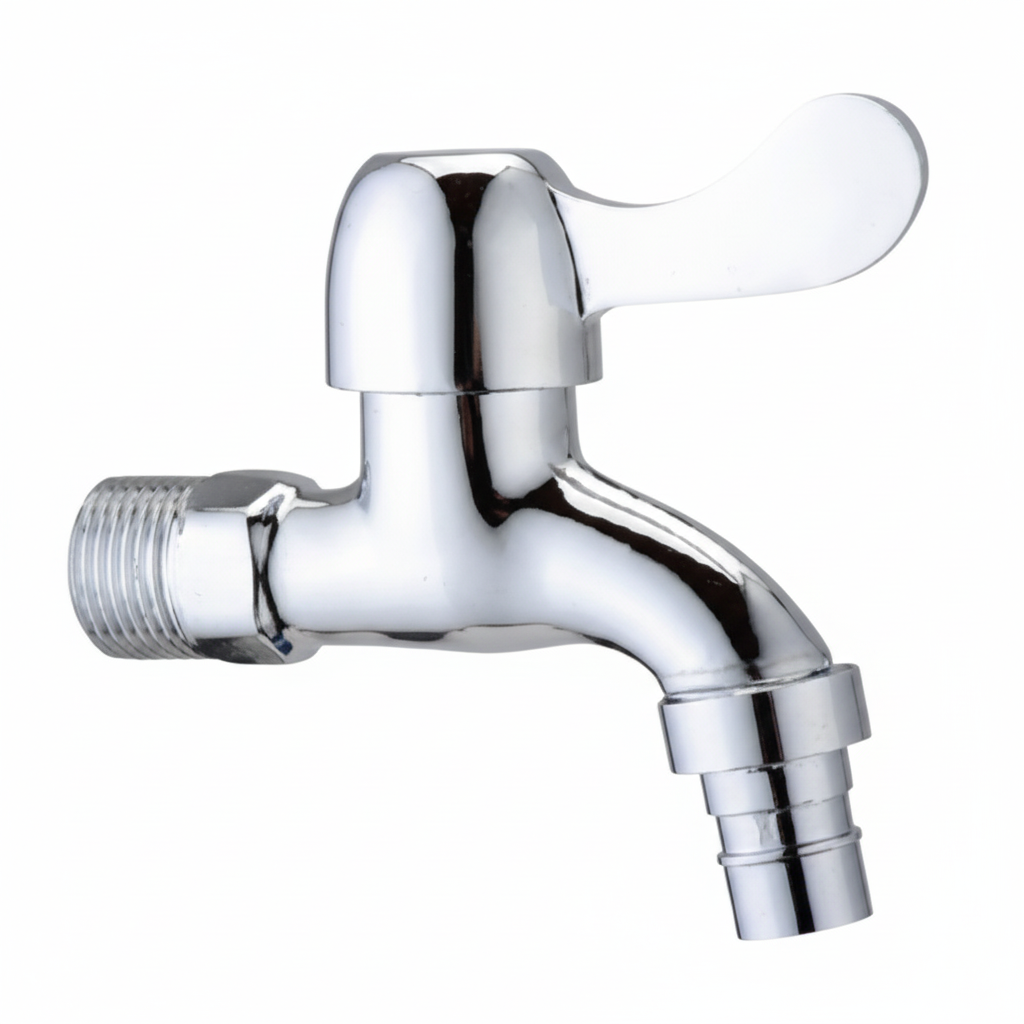 Chrome Brass Bib Tap - Thread and hose barb macro detail